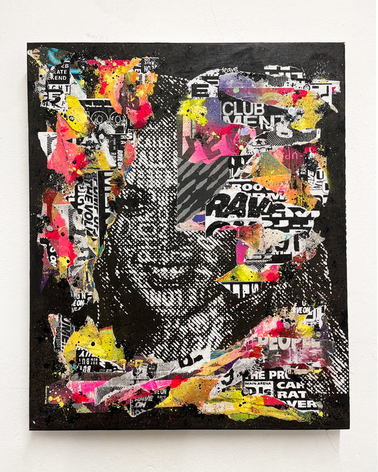 Sam Shrug - 'Raver Babe Twenty, Soho' original mixed media canvas piece