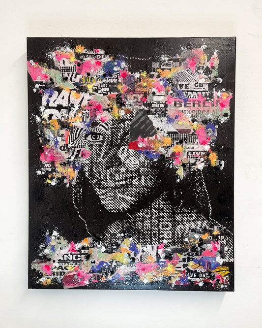 Sam Shrug - 'Raver Babe Twenty One, Hackney' original mixed media canvas piece