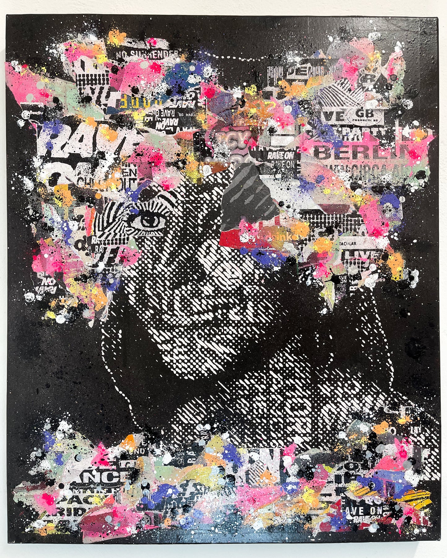 Sam Shrug - 'Raver Babe Twenty One, Hackney' original mixed media canvas piece