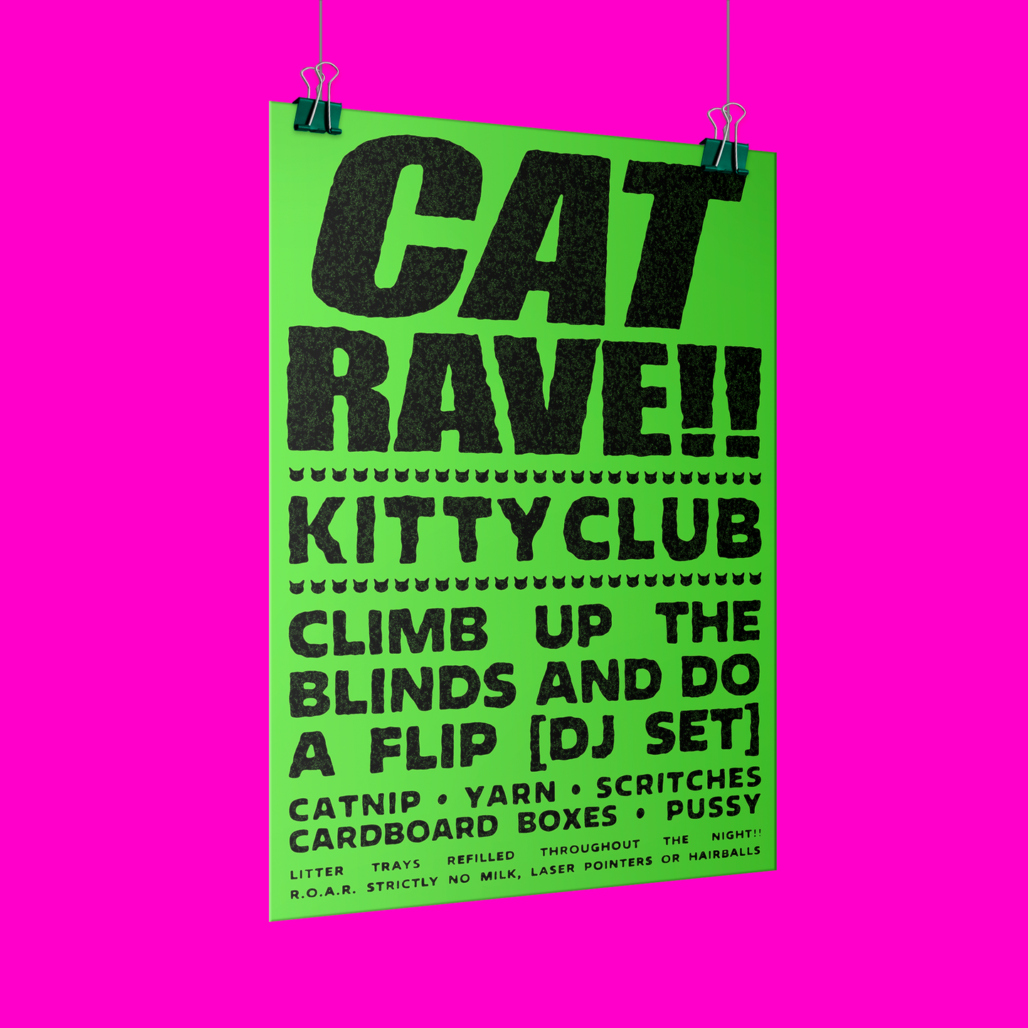 Cat Rave [dayglow green edition] A3 club poster print for cat lovers 😻