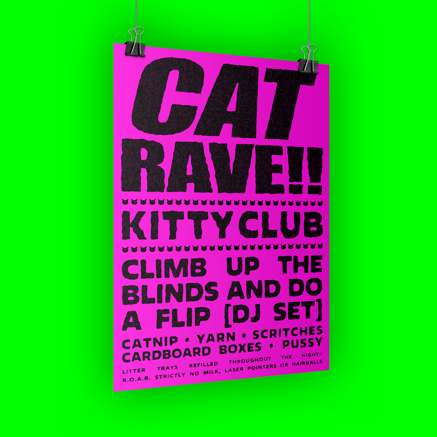 Slow Shrug - 'Cat Rave' [dayglow pink edition] A3 rave poster print for cat lovers 😺