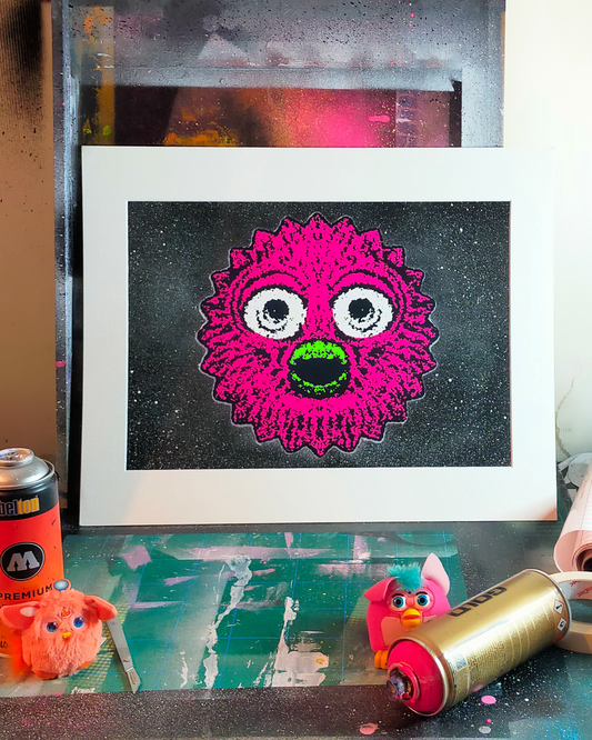 Slow Shrug 'Furbae Rosette' (in scorching pink & sizzlin' green) hand finished A3 print