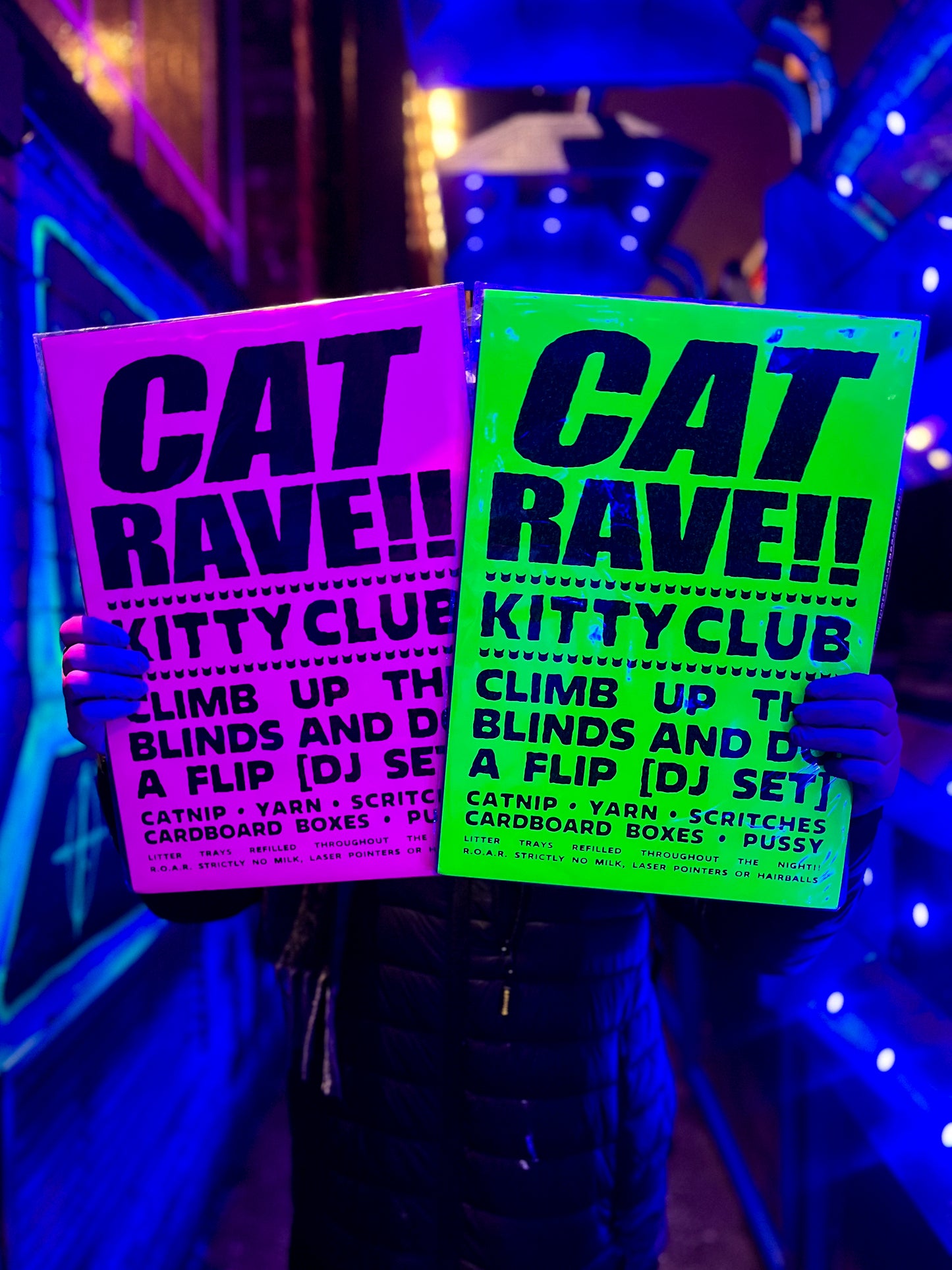 Slow Shrug - 'Cat Rave' [dayglow pink edition] A3 rave poster print for cat lovers 😺