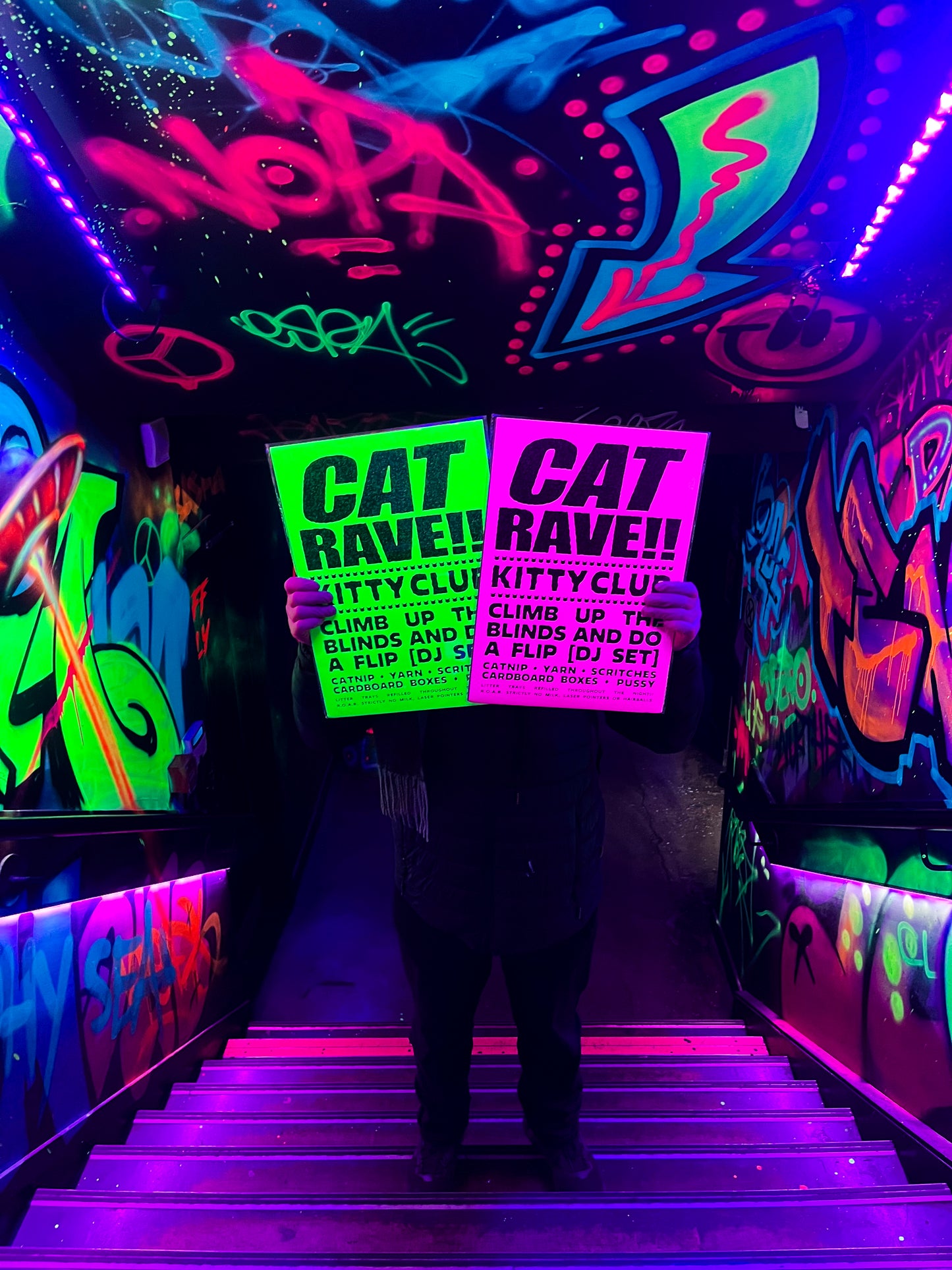 Cat Rave [dayglow green edition] A3 club poster print for cat lovers 😻